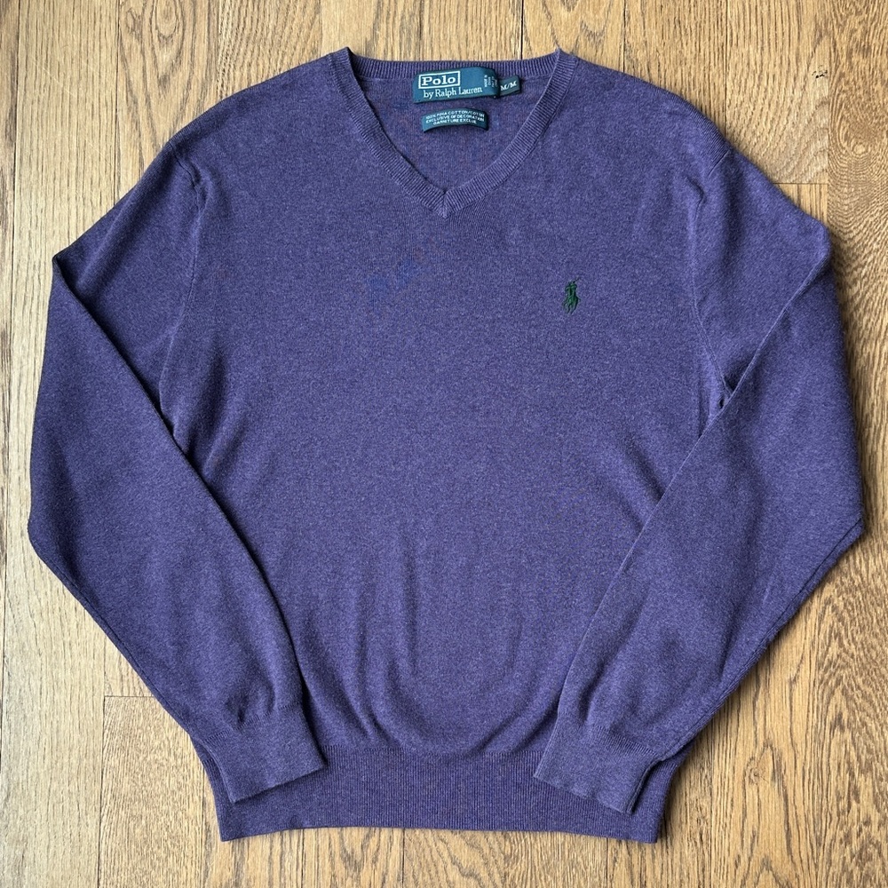 Polo by Ralph Lauren Purple Men's Sweater - 100% Prima Cotton, Size M, V-Neck